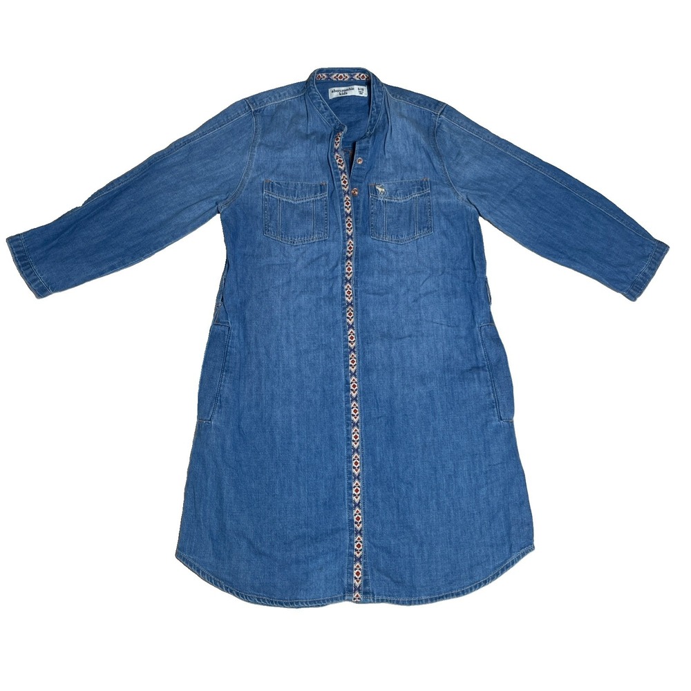 Abercrombie Kids Girls 9/10 Blue Denim Snap Front Long Sleeve Dress Aztec Navajo